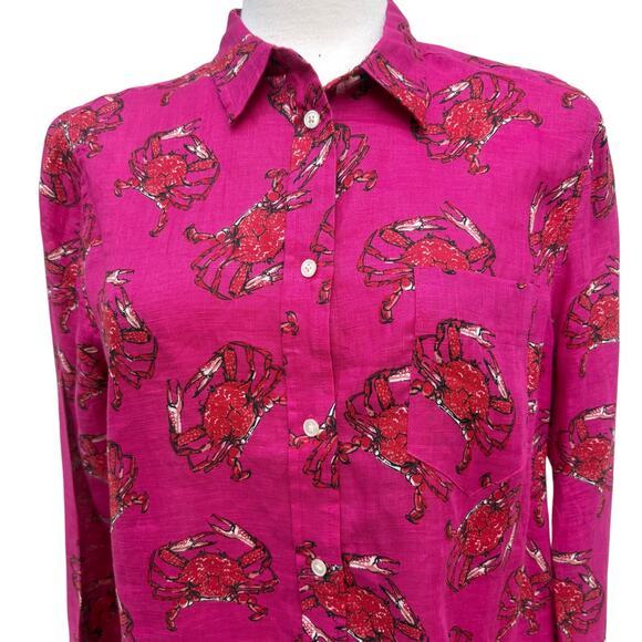 J. Crew Shirt Sz 12 100% Linen Pink Button Down Ling Sleeve Crab Print Coastal - Picture 3 of 9